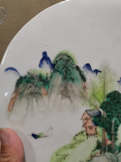 古玩陶瓷粉彩山水紋瓷板真品鑒賞圖