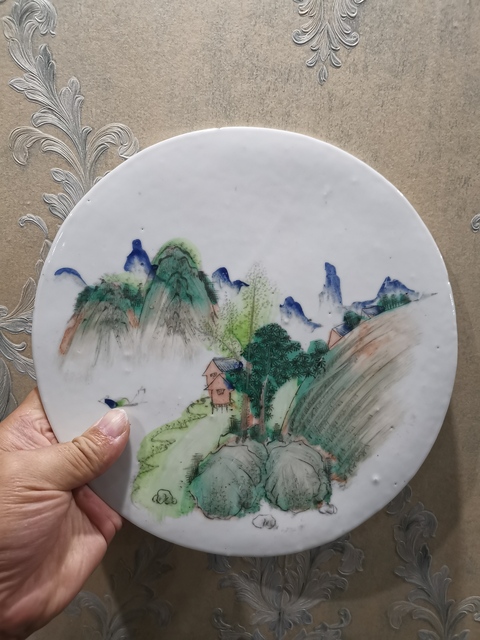 古玩陶瓷粉彩山水紋瓷板真品鑒賞圖