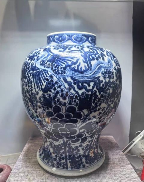 古玩陶瓷青花鳳穿牡丹圖將軍罐真品鑒賞圖