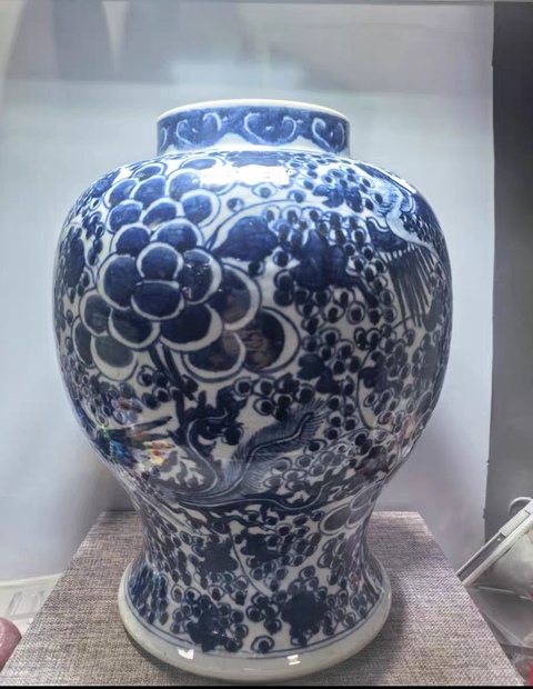 古玩陶瓷青花鳳穿牡丹圖將軍罐真品鑒賞圖