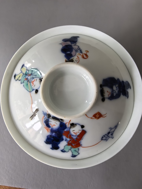 古玩陶瓷日本明治青花彩繪嬰戲圖蓋碗真品鑒賞圖