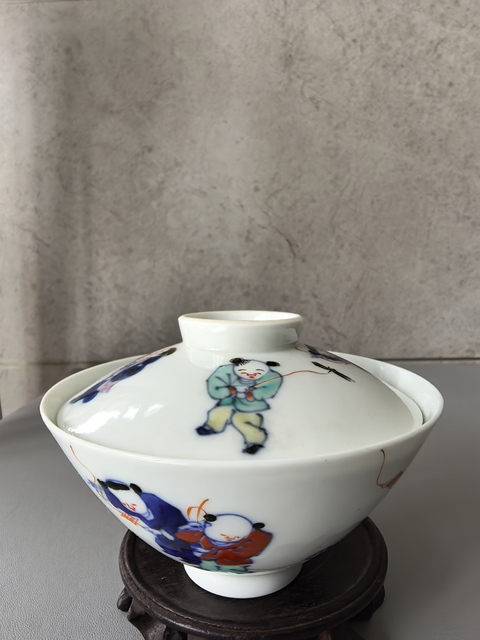 古玩陶瓷日本明治青花彩繪嬰戲圖蓋碗真品鑒賞圖