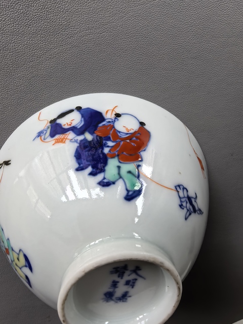 古玩陶瓷日本明治青花彩繪嬰戲圖蓋碗真品鑒賞圖