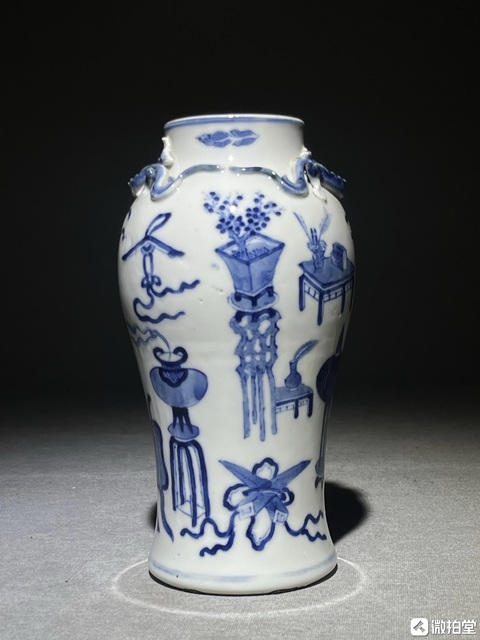 古玩陶瓷青花博古紋盤螭龍雞腿瓶真品鑒賞圖