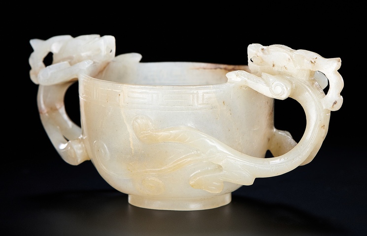 古玩玉器雙龍耳杯真品鑒賞圖