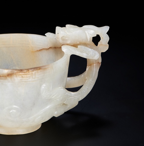 古玩玉器雙龍耳杯真品鑒賞圖