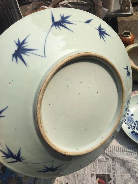 古玩陶瓷蓮池游禽滿池嬌青花盤真品鑒賞圖