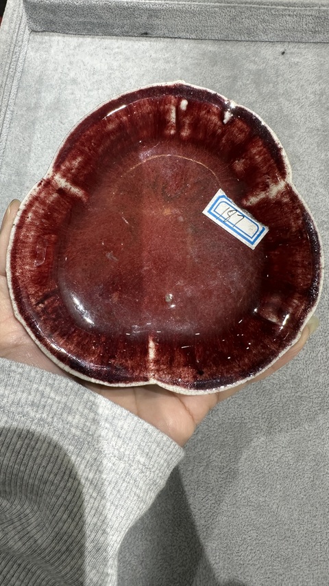 古玩陶瓷紅釉海棠貢盤真品鑒賞圖