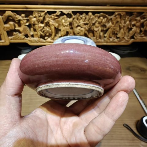 古玩陶瓷霽紅釉鏜鑼洗真品鑒賞圖