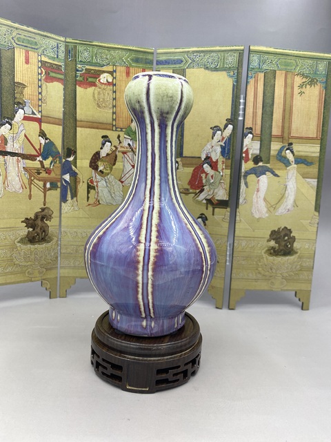 古玩陶瓷鈞紅窯變釉蒜頭瓶真品鑒賞圖