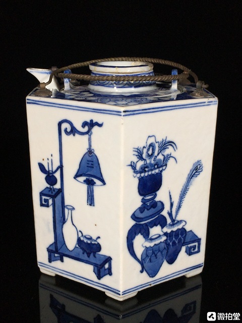 古玩陶瓷青花博古六方壺真品鑒賞圖