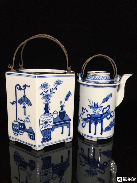 古玩陶瓷青花博古六方壺真品鑒賞圖