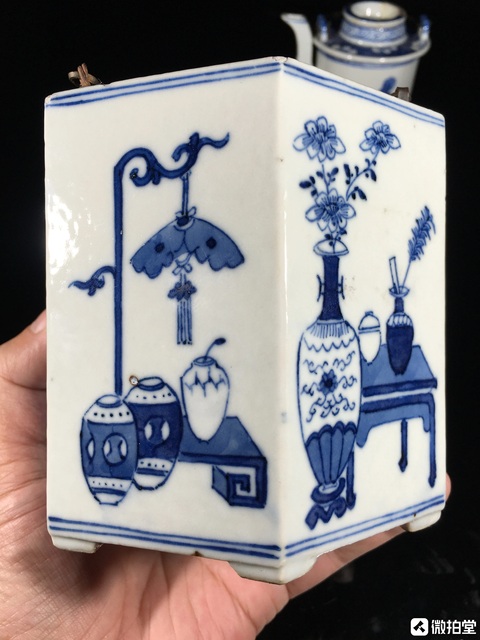 古玩陶瓷青花博古六方壺真品鑒賞圖