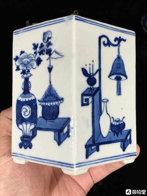 古玩陶瓷青花博古六方壺真品鑒賞圖