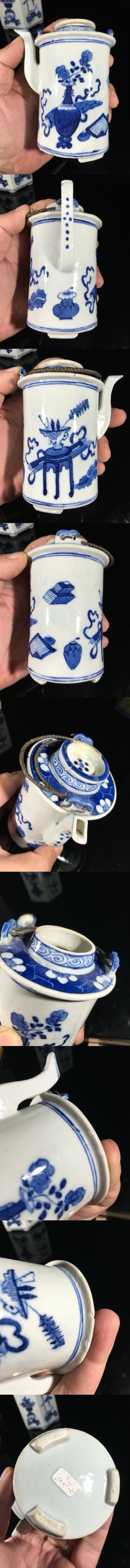 古玩陶瓷青花博古六方壺真品鑒賞圖