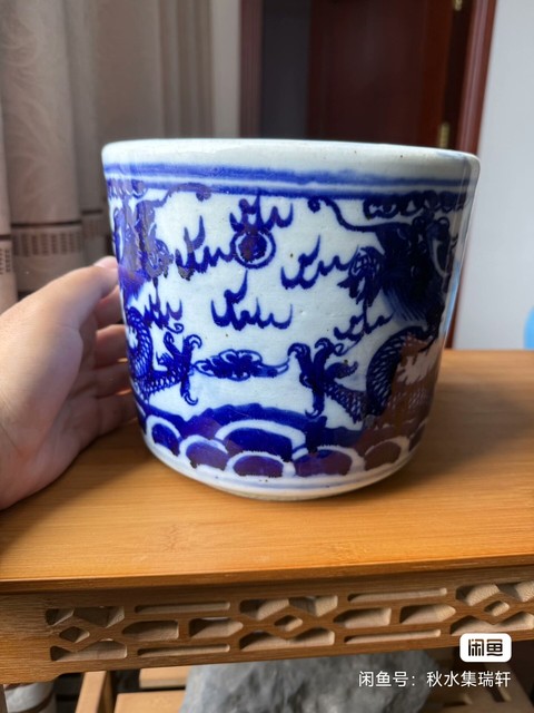 古玩陶瓷晚清青花雙龍戲珠大香爐拍賣，當前價格888元