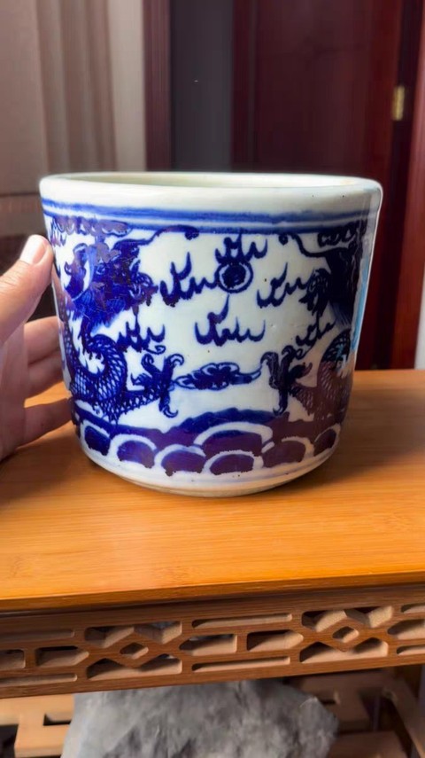 古玩陶瓷晚清青花雙龍戲珠大香爐拍賣，當前價格888元