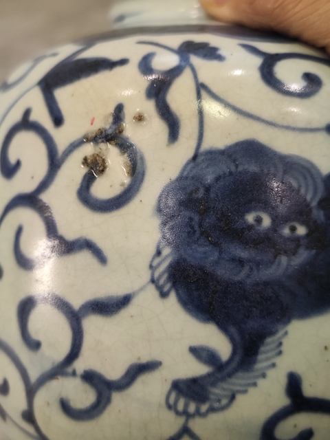 古玩陶瓷花間獅子紋青花罐真品鑒賞圖
