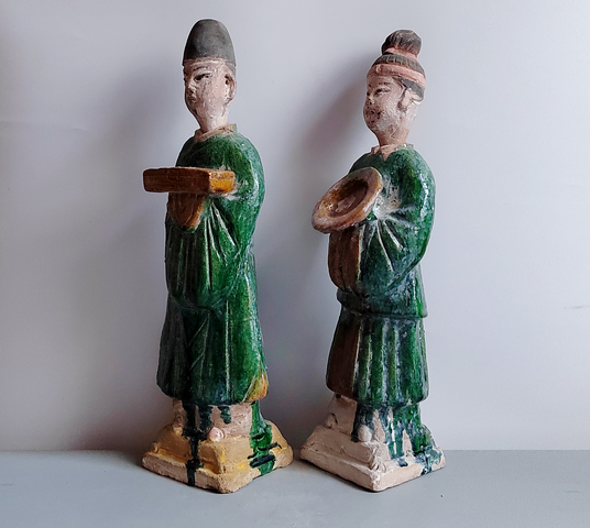 古玩陶瓷明代三彩人物俑一對拍賣，當前價格464元