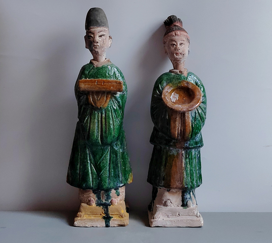 古玩陶瓷明代三彩人物俑一對拍賣，當前價格464元