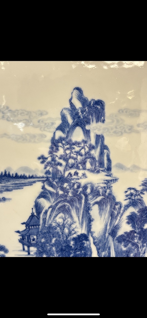 古玩陶瓷山水紋青花瓷板畫真品鑒賞圖