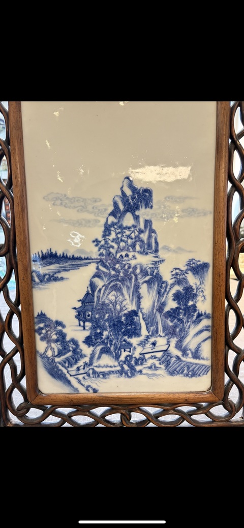 古玩陶瓷山水紋青花瓷板畫真品鑒賞圖