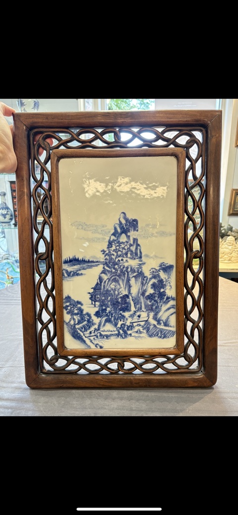 古玩陶瓷山水紋青花瓷板畫真品鑒賞圖