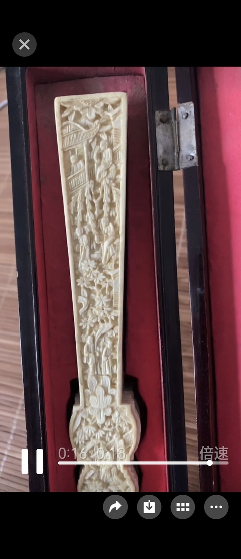 古玩雜項(xiàng)廣州十三行人物浮雕象牙扇真品鑒賞圖