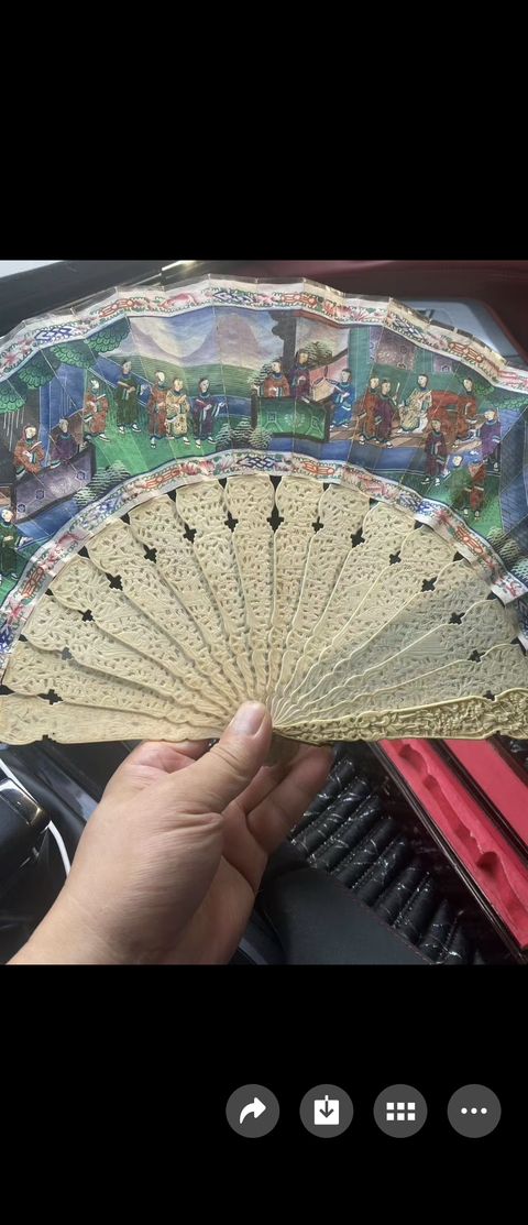 古玩雜項(xiàng)廣州十三行人物浮雕象牙扇真品鑒賞圖