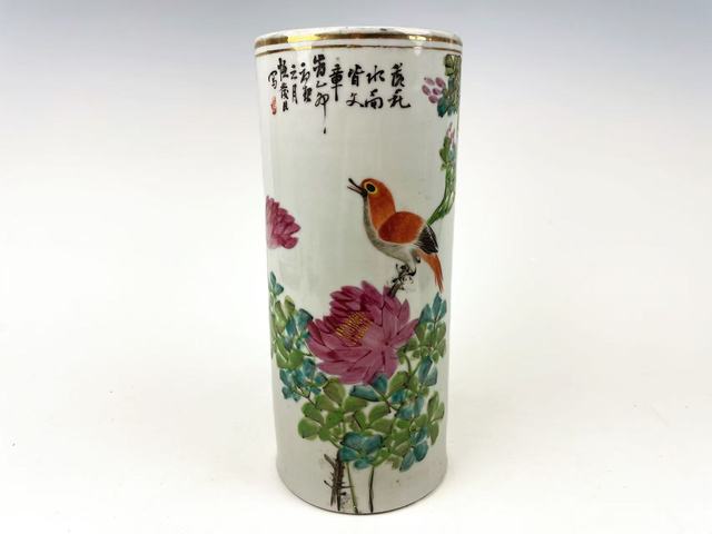 古玩陶瓷清末民初·粉彩花鳥詩文帽筒真品鑒賞圖