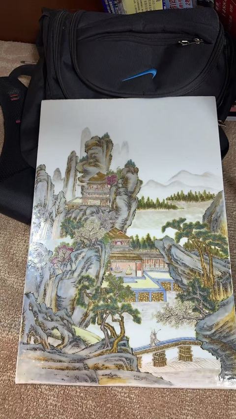 古玩陶瓷粉彩山水樓閣瓷板真品鑒賞圖
