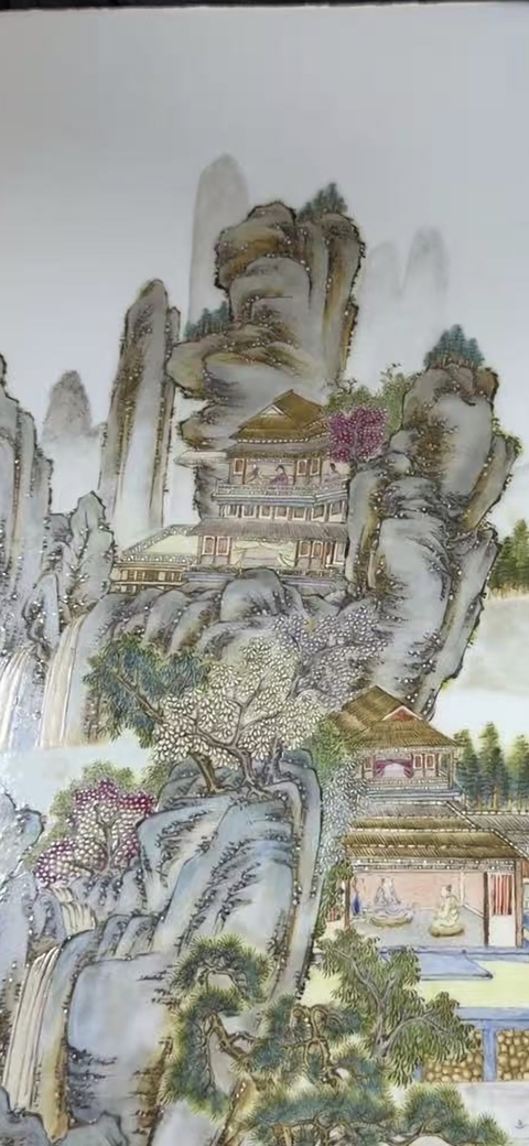 古玩陶瓷粉彩山水樓閣瓷板真品鑒賞圖