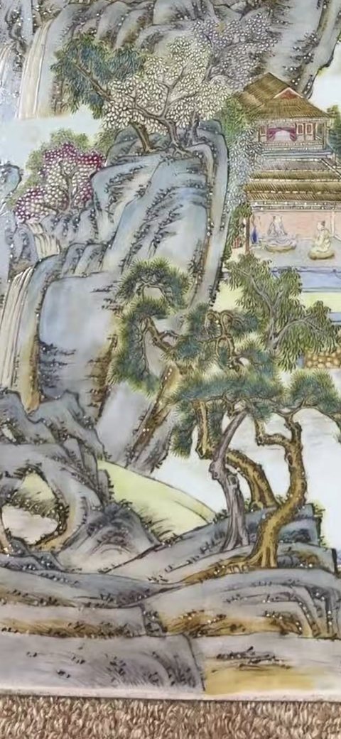 古玩陶瓷粉彩山水樓閣瓷板真品鑒賞圖