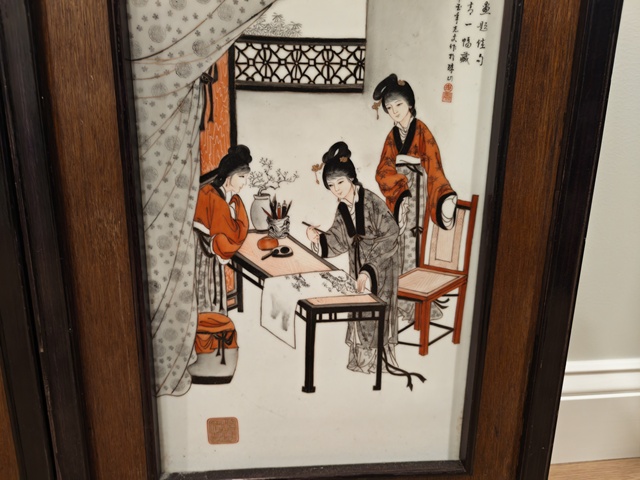 古玩陶瓷墨彩礬紅人物故事紋瓷板真品鑒賞圖