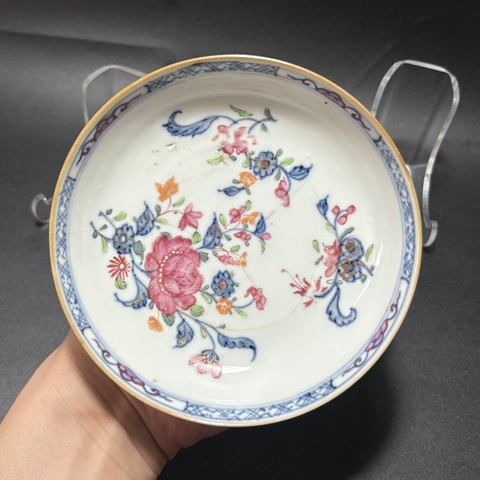 古玩陶瓷清乾隆·青花加彩花卉紋小盤一對拍賣,當前價格488元