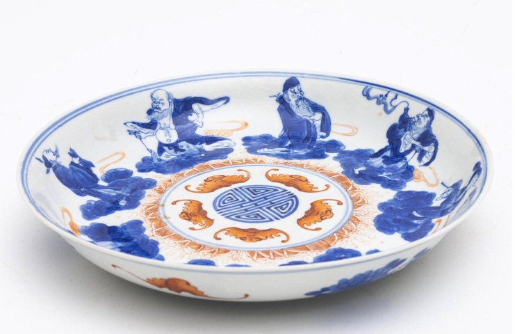 古玩陶瓷八仙五福同壽青花礬紅盤真品鑒賞圖