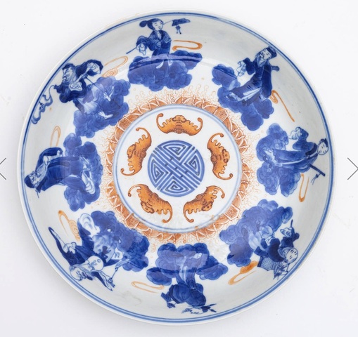 古玩陶瓷八仙五福同壽青花礬紅盤真品鑒賞圖