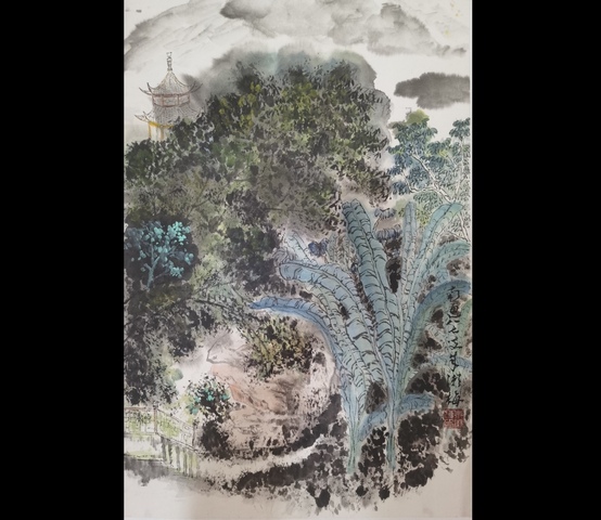 古玩字畫已故江蘇南通書協理事于右任王個簃弟子朱漱梅山水拍賣，當前價格1488元