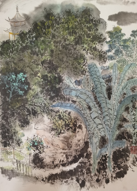 古玩字畫已故江蘇南通書協理事于右任王個簃弟子朱漱梅山水拍賣，當前價格1488元