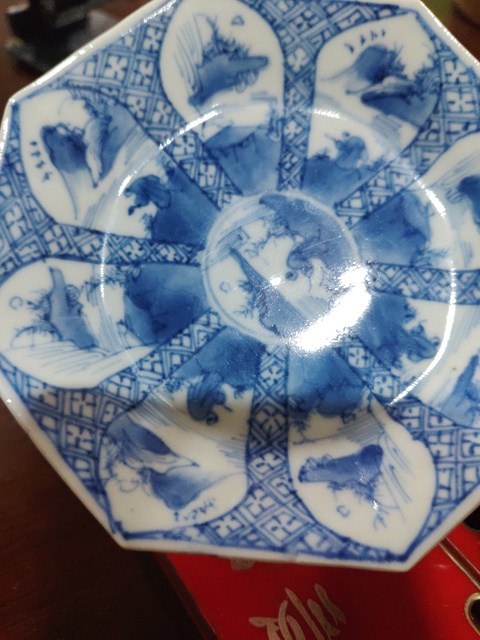 古玩陶瓷清康雍青花山水人物紋八角盤真品鑒賞圖