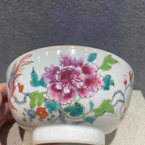 古玩陶瓷粉彩雉雞牡丹墩式碗真品鑒賞圖