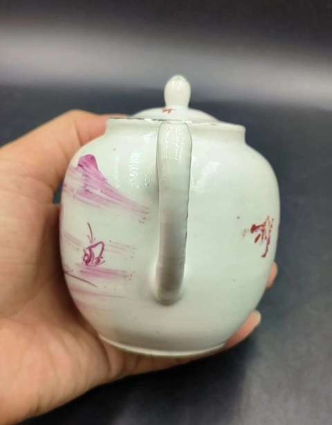 古玩陶瓷胭脂紅山水茶壺真品鑒賞圖