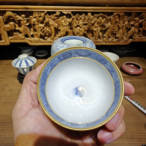 古玩陶瓷通景亭臺樓閣青花杯真品鑒賞圖