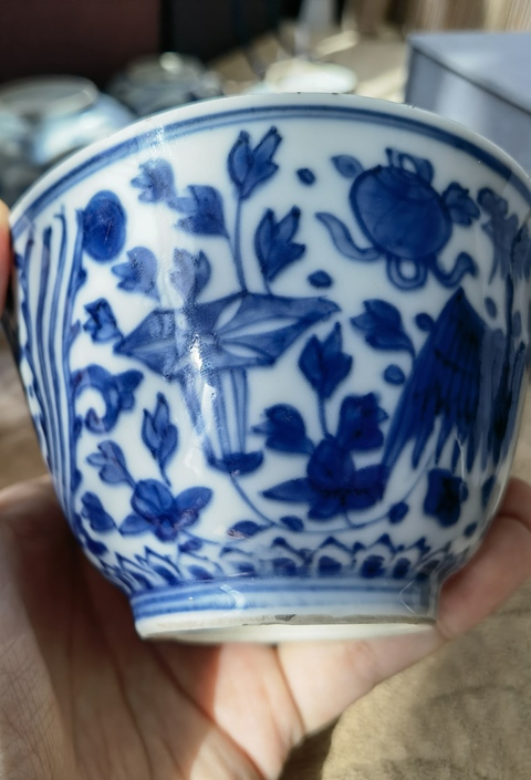 古玩陶瓷青花鳳傳花卉紋茶圓真品鑒賞圖