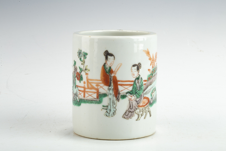 古玩陶瓷民國·五彩仕女圖筆筒真品鑒賞圖