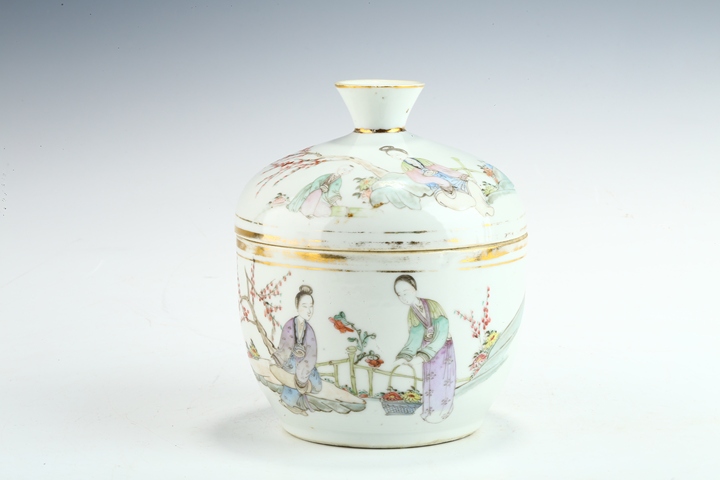 古玩陶瓷民國(guó)·粉彩桃花仕女紋蓋缸真品鑒賞圖