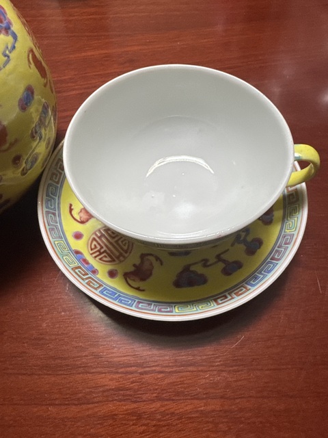 古玩陶瓷黃地粉彩福壽紋執壺真品鑒賞圖