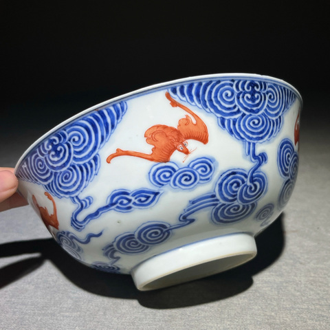 古玩陶瓷青花礬紅洪福齊天碗真品鑒賞圖