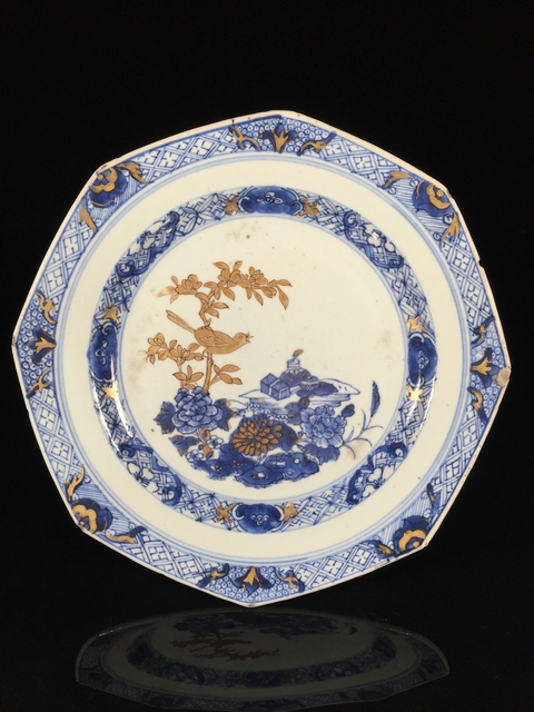 古玩陶瓷乾隆青花描金洞石花鳥紋八方盤拍賣，當前價格1388元