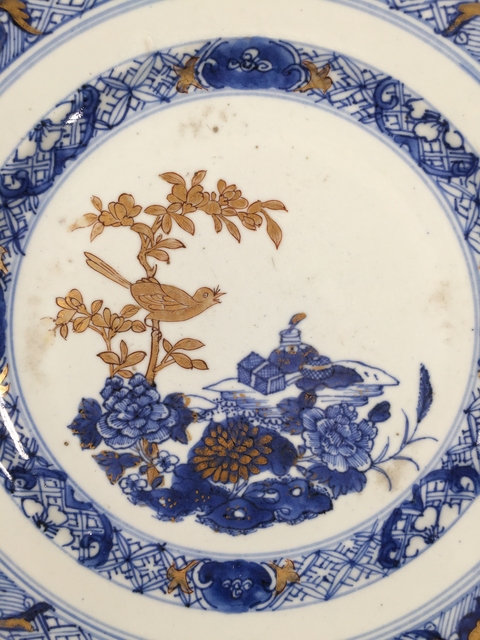 古玩陶瓷乾隆青花描金洞石花鳥紋八方盤拍賣，當前價格1388元